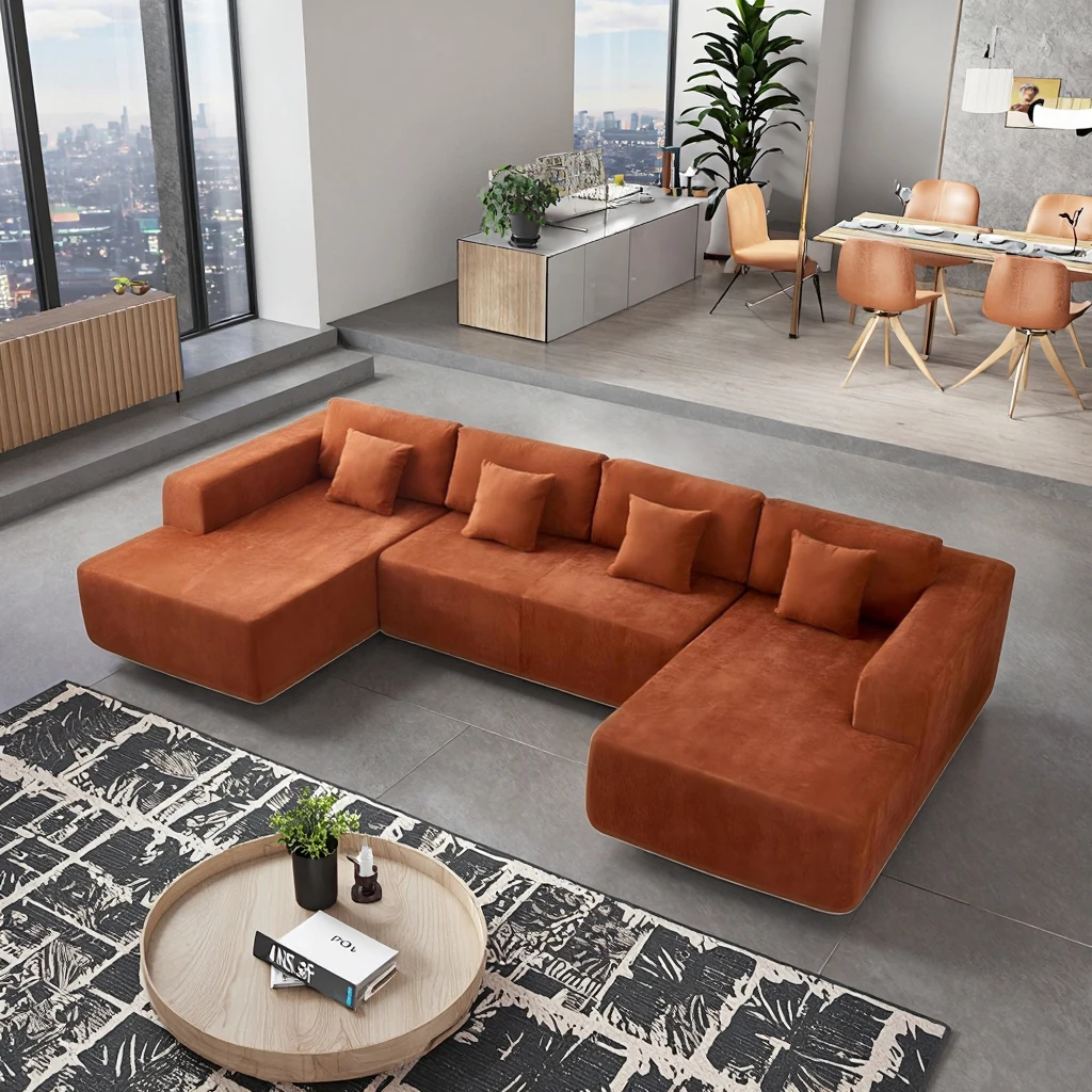 Large Modular Sofa High Density Foam Chenille Fabric Velvet Corner Bed for Mall Dining Minimalist Compression