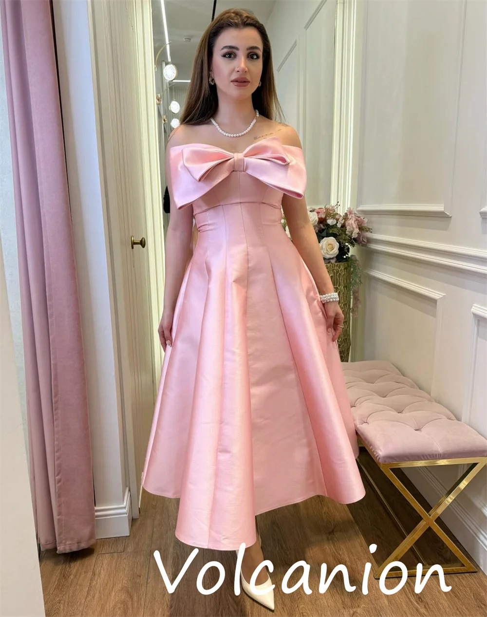 Customized Intricate Matching Charmeuse Bow Pleat A-line Strapless Midi Dresses Bespoke Occasion Fashion