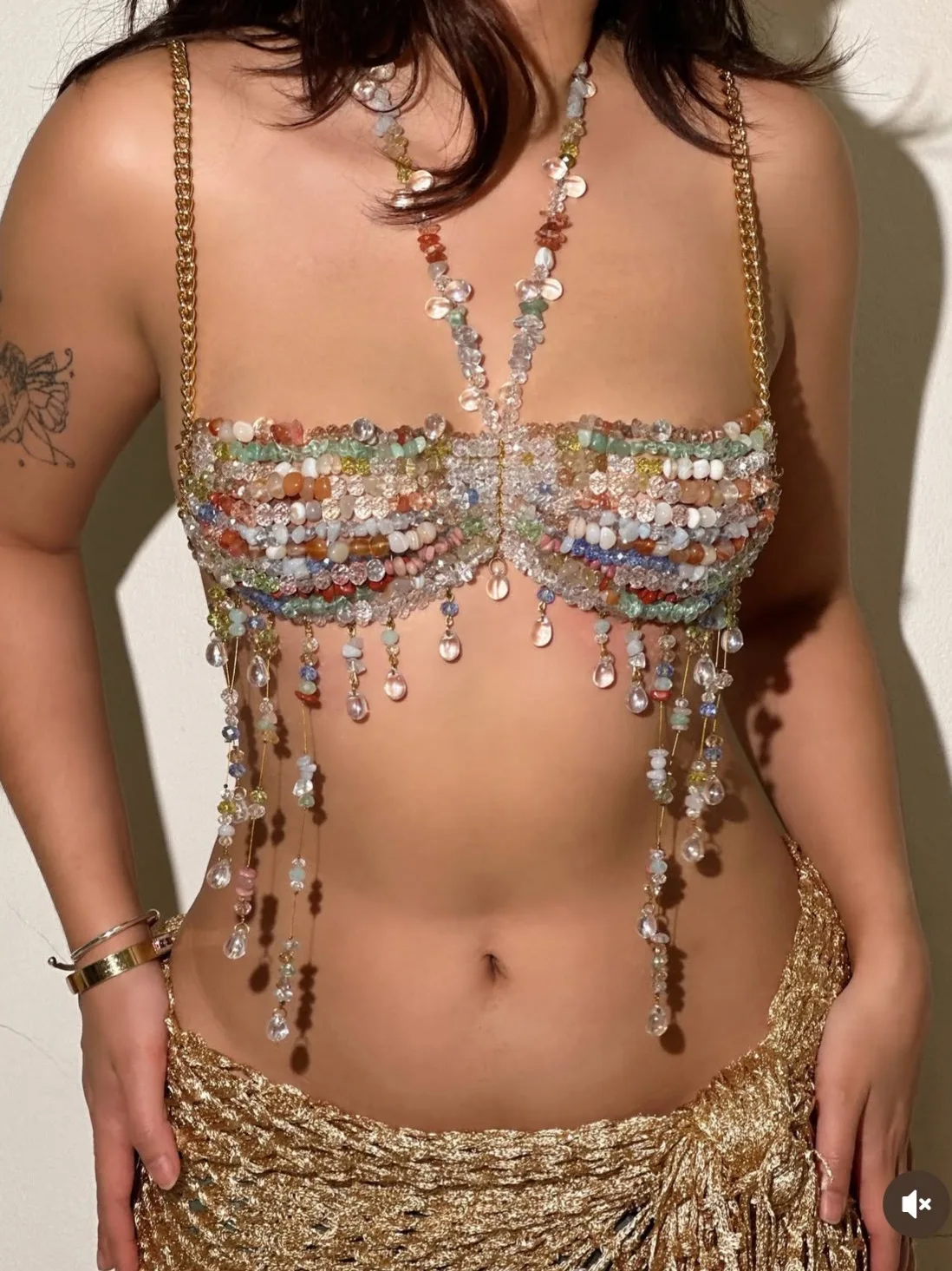 Sexy Gradient Glass Beaded Top Bra Heavy Color Beads Cutout Neck Body Chain For Beach Party Holiday Vacation
