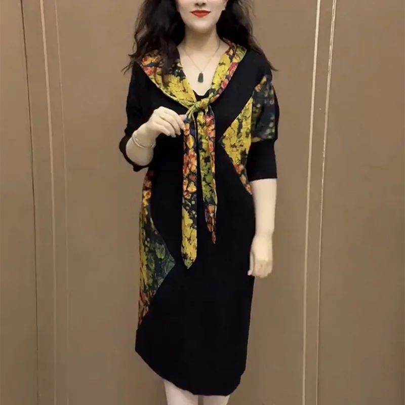 Casual Floral Patchwork Dresses Spring Summer 3/4 Sleeve Women\'s Clothing Scarf Collar Drawstring Loose A-Line Waist Midi Dress