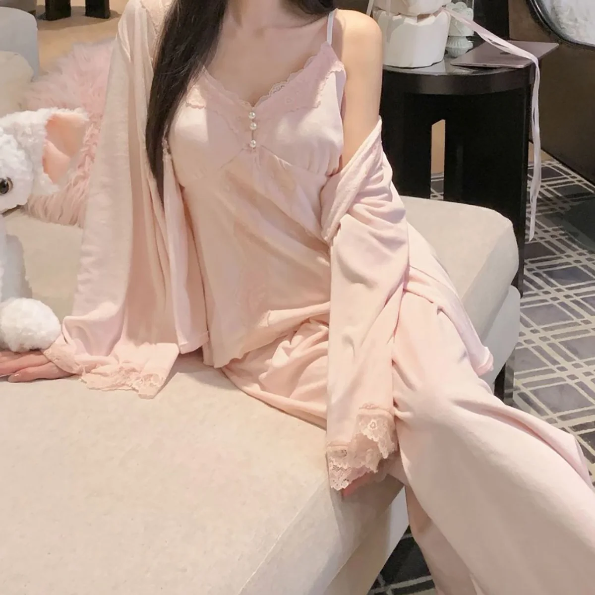 Double Island Velvet Pajamas Sexy Winter Hanging Sexy Three Piece Set with Chest Cushion Warm Polka Dot Girls Home Clothes