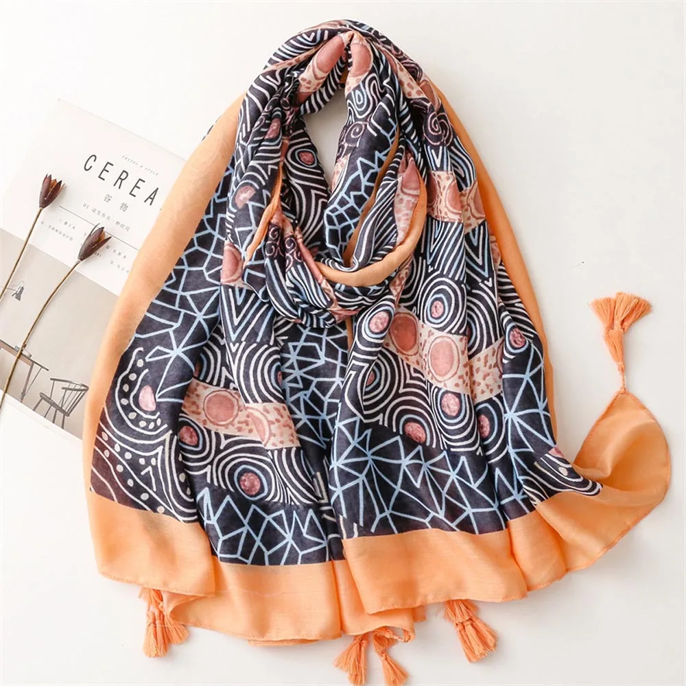 

2023 New Women Cotton Geometric Pattern Tassel Shawls Scarf High Quality Circle Print Head Wrap Hijab Free Shipping