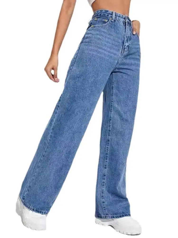 Jeans a gamba larga a vita alta Jeans da donna a gamba dritta Casual Sle jeans a vita alta elasticizzati a metà per ragazze Stagione primaverile Vestibilità ampia