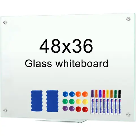 Tableau blanc effaçable à sec Tableau blanc magnétique en verre 48x36 pour mur, comprend 12 aimants, 8 marqueurs et 2 gommes