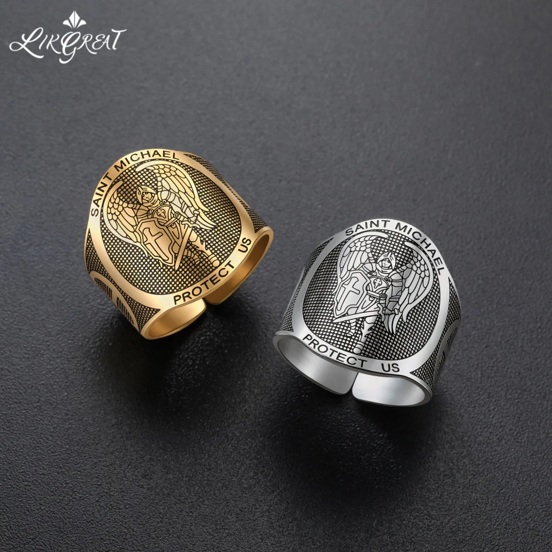 Vintage Religiöser Erzengel-Ring aus Edelstahl, offener Ring, Engel-Schutzring für Männer und Frauen, Amulett-Schmuck, Unisex-Geschenk