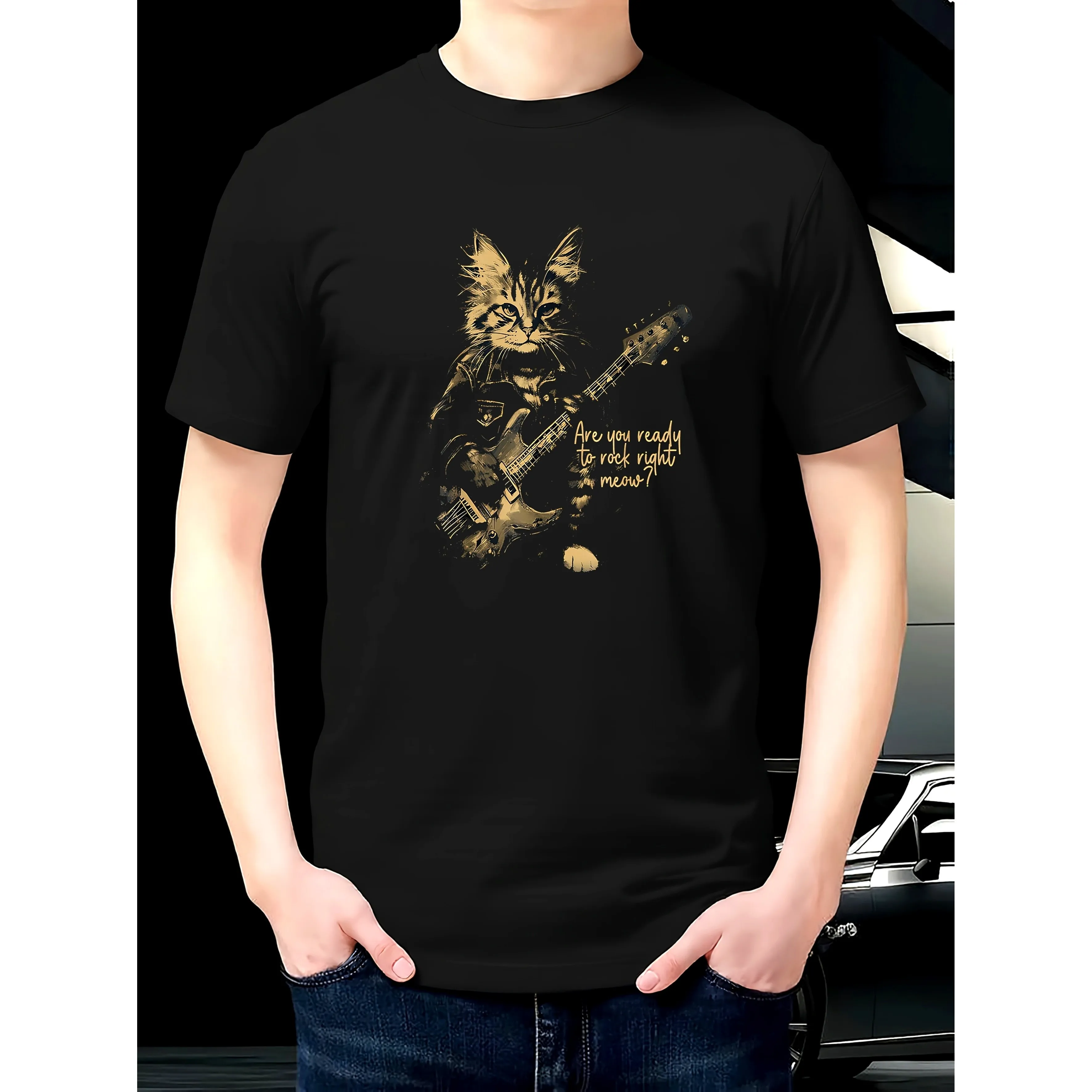 Rock Meow Cat Playing Guitar Graphic Tee For Men Breathable Pure Cotton Short Sleeve T-Shirt