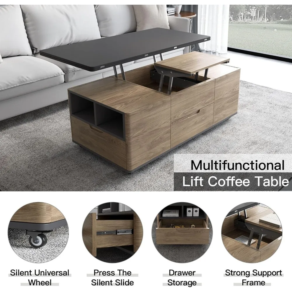 Lifting Coffee Table with 4 Stools 3 in 1 Center Table with Storage Side Table Convert to Dining Multifunctional Sav