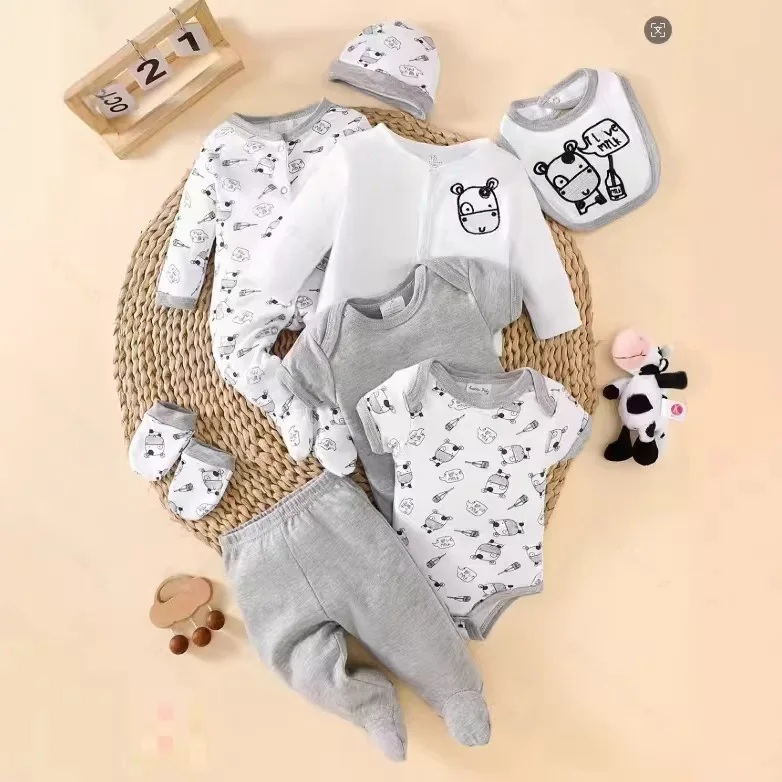 Children's short-sleeved long-sleeved clothes, climbing clothes, eight-piece pajamas set, onesie, newborn baby pajamas.