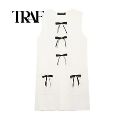 TRAF Mini Knit Dress Women Summer Dresses With Bow 2024 Fashion Sleeveless O Neck Dress Streetwear Casual Dresses