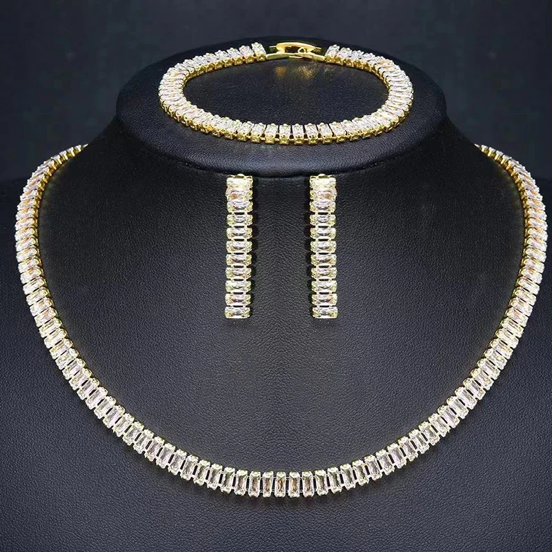 LXOEN Luxury Brilliant Cubic Zirconia Necklace Set Earrings Rings Women CZ Light Drop Bridal Wedding Jewelry Sets 2023 New
