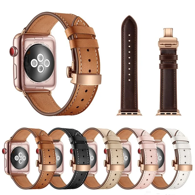 

Luxury Genuine Leather Strap for Apple Watch Band 46mm 49 45mm 41 42mm Butterfly Clasp Bracelet for iWatch Series 10 9 8 7 6 5