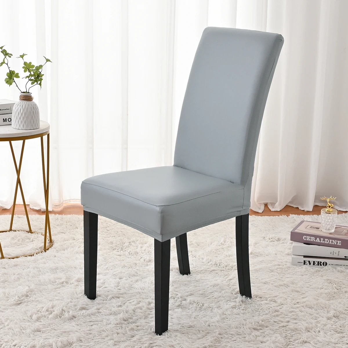 1PC solid color elastic water resistant PU material chair cover, snap closure, suitable for home dining cover decoration
