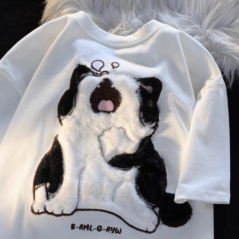 Cartoon Kawaii Cat Loose T-shirt for Men Women Summer Wear Three-dimensional Plush Embroidery Neutral Short Sleeve Top