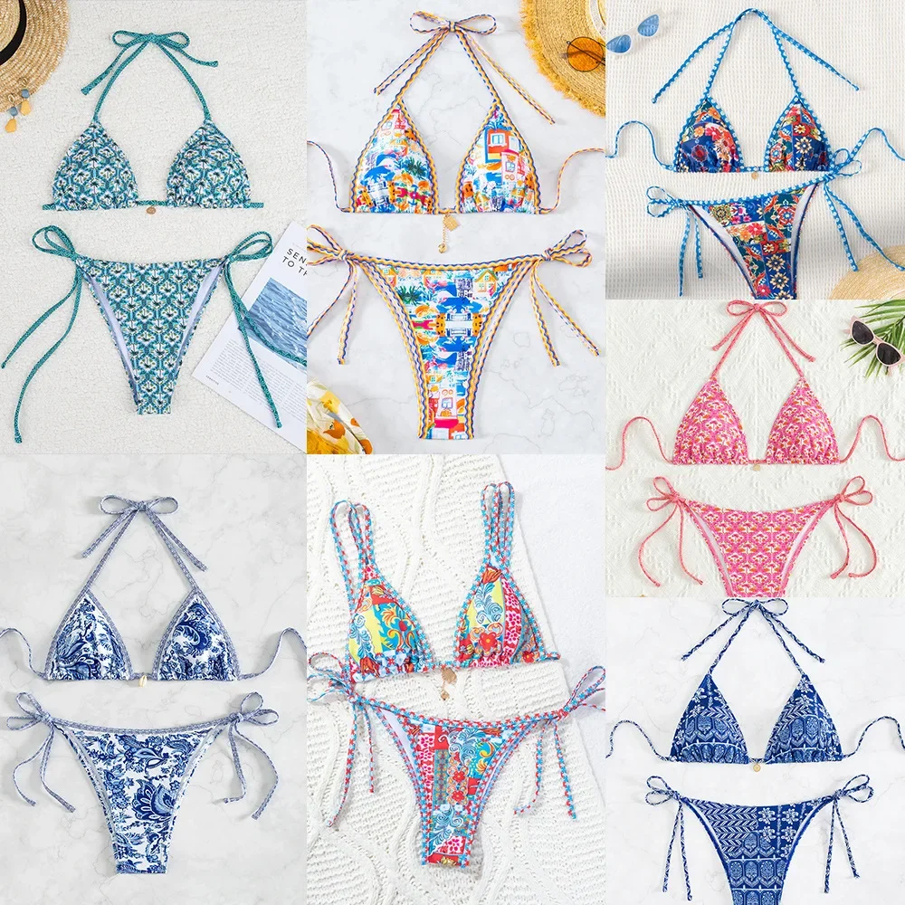 2026 New European & American Triangle Cup Printed Sexy Split Bikini Swimsuit