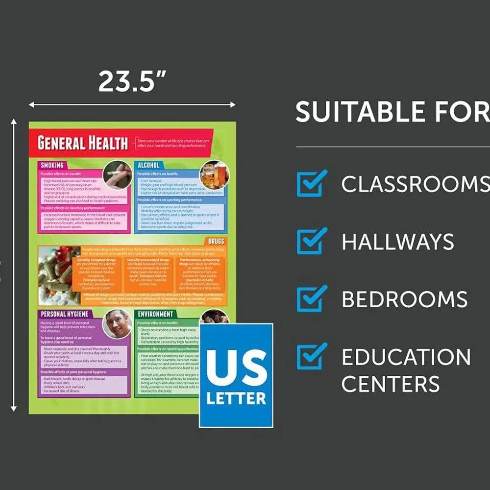 مجموعة ملصقات الفصول الدراسية كبيرة جدًا مقاس 33 × 23.5 من Daydream: الصحة واللياقة البدنية والراحة لـ PE والمدرسة المتوسطة والثانوية