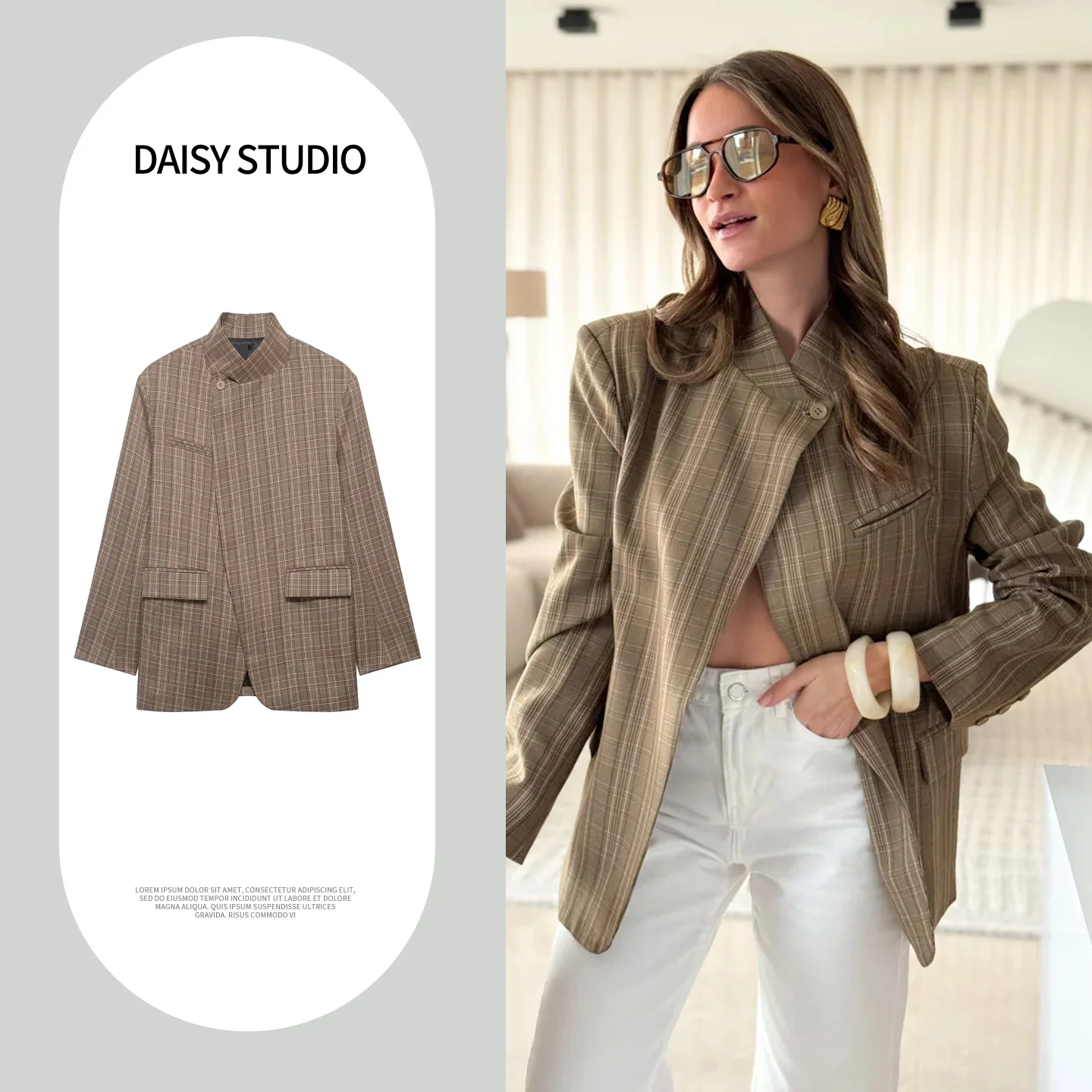 Spring New Arrival Women's Commuter Style Long Sleeve Plaid Suit Jacket Stand Collar One Button Pocket Design Polyester Fiber