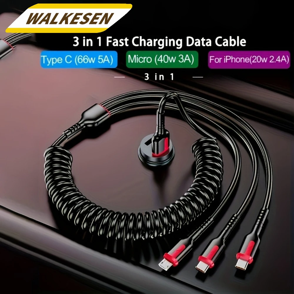 66W USB Type C Cable Three In One spring Data Cable Fast Charging Cable For iPhone Huawei Xiaomi Samsung Mobile Phone Wire Cord