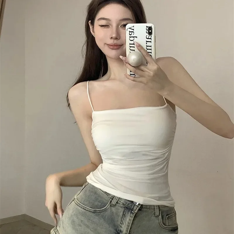 CHUANGERM Solid Color Women's Stylish Waist Pleated Corset Short Top With Thin Straps Soft Support Fixed Chest Pad Sleeveless