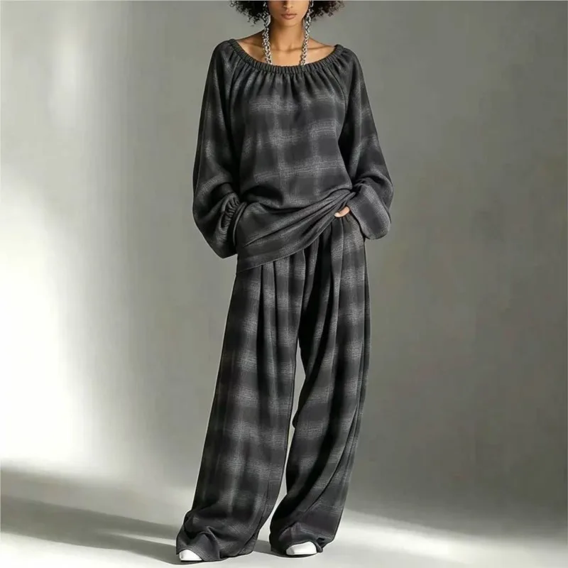Autumn Casual Loose Plaid Two Piece Set For Women O Neck Long Sleeve Top + Wide Leg Pants Vacation Beach Wear 2Piece Set Outfits