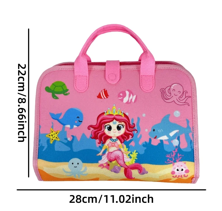 Kids Busy Board Handbag, Felt Quiet Activity Book with Time Cognition, Dress Skills, Alphabet & Jigsaw Game, Portable Travel Learning Toy for Practicing Daily Life Skills, Educational Gift for Toddler Girls