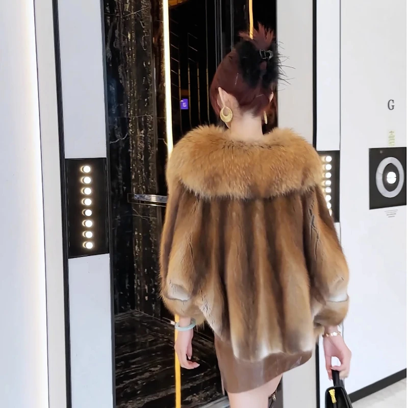 YOLANFAIRY الخريف والشتاء استيراد الراكون الفراء طوق فرو المنك معطف المنك كامل الخامس الرقبة الخفافيش الأكمام العتيقة الفراء سترة شوهبات 2025