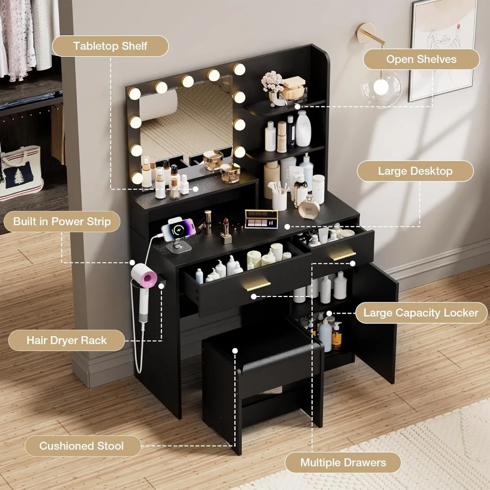 Vanity Desk illuminato con presa di corrente, set da trucco bianco con 2 cassetti, toletta regolabile per B migliorato