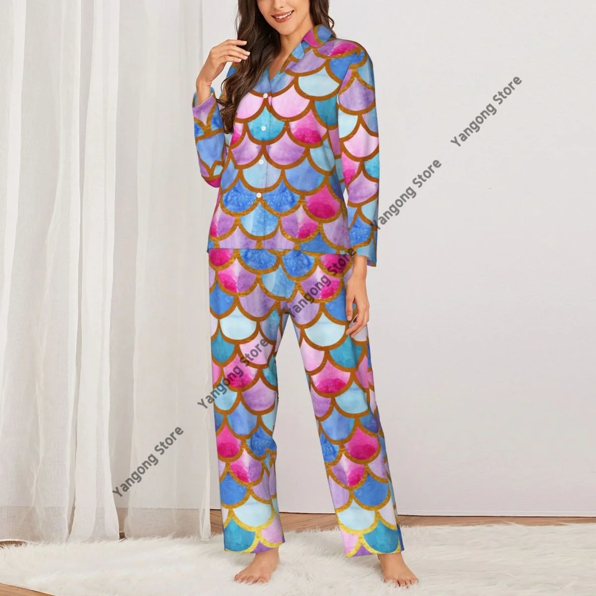 Women Sleepwear Pajamas Mermaid Scales Watercolor Fish Scales Long Sleeve Pijama Female Set Negligee Cardigan Suit