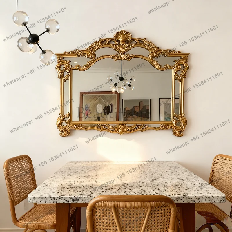 French retro background wall dining side mirror American baroque carved art fireplace decoration European makeup mirror