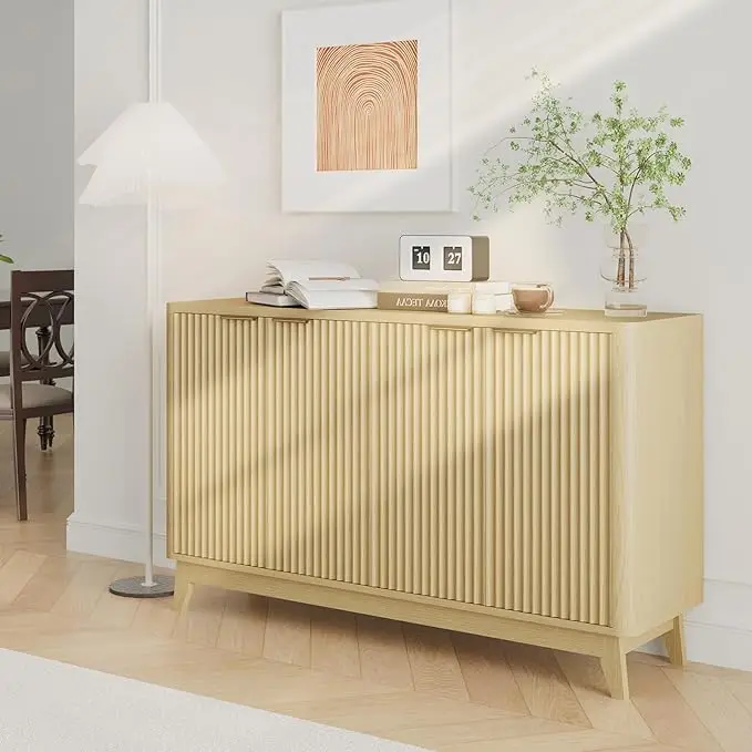 

Natural Oak Fluted Sideboard Buffet Cabinet 4-Door Credenza Storage Cabinet Entryway Console Table Accent Coffee Bar