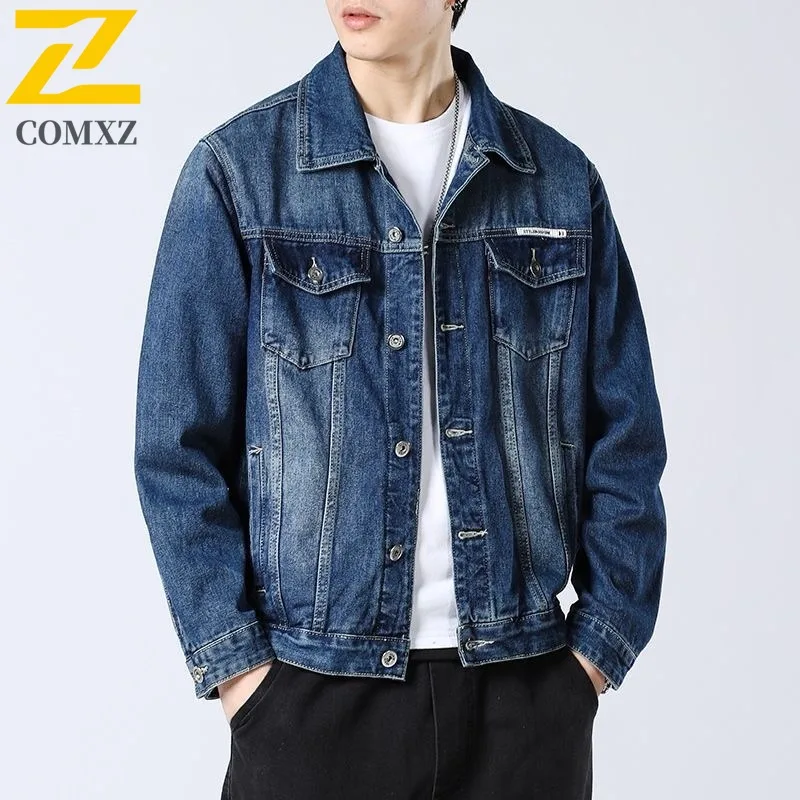 

COMXZ Luxurious Men Cotton Denim Jacket American Style Classic Splicing Motorcycle Jackets Trendy Loose Handsome Autumn Garment