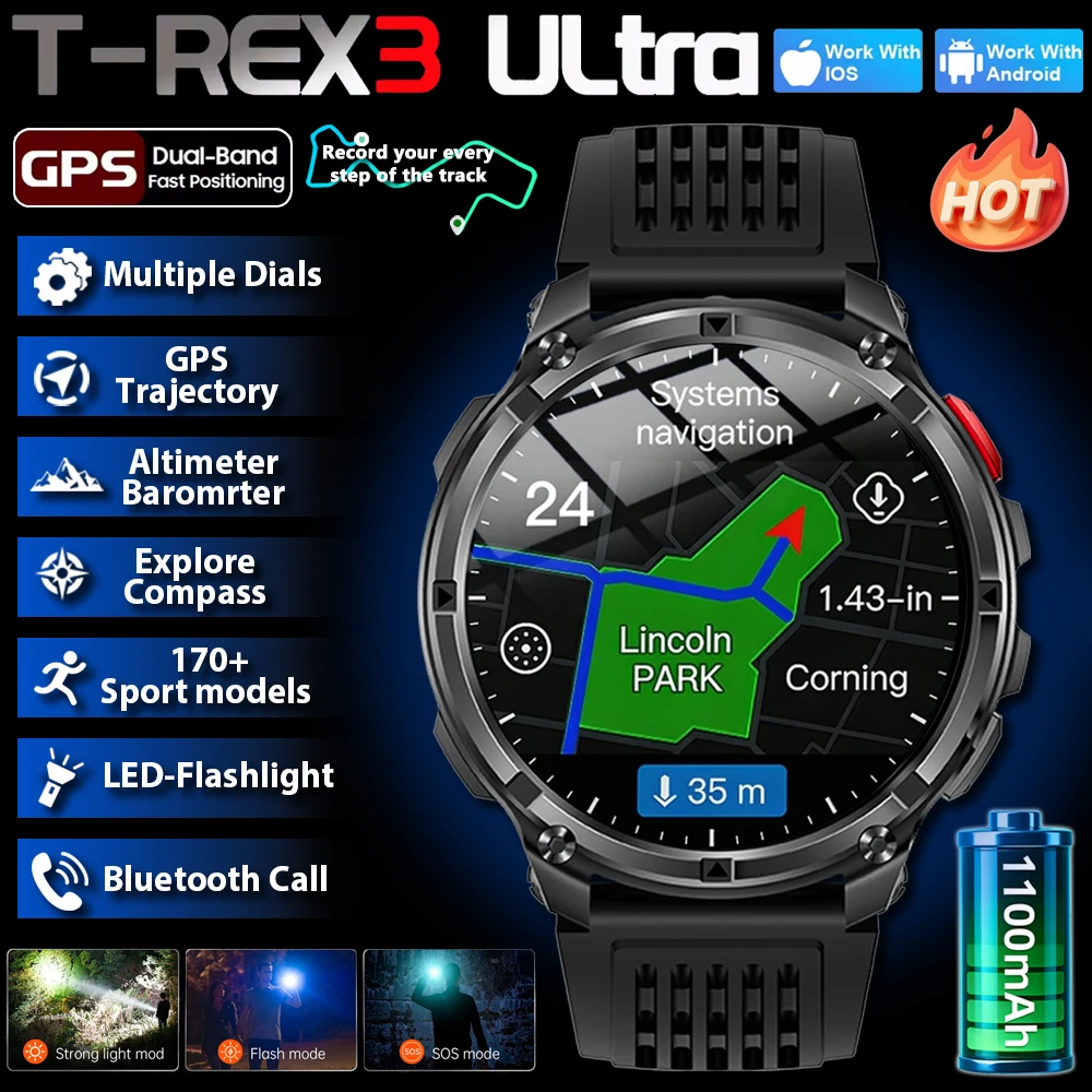 

2026 New T-Rex3 Pro 1100mAh Battery Smart Watch GPS path 5ATM Waterproof Sports Run tracker Outdoors Compass Military Smartwatch