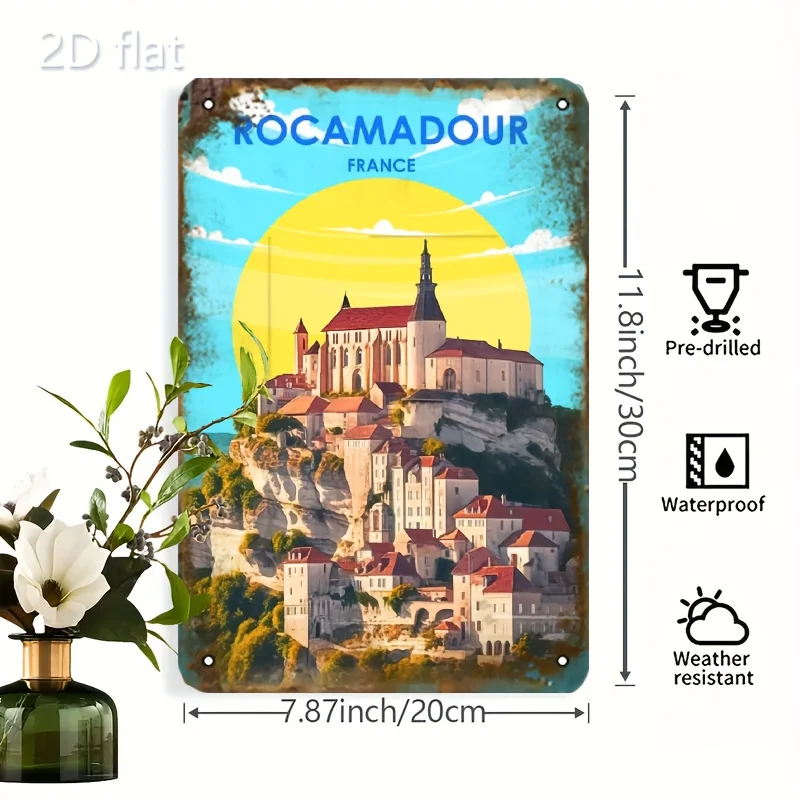 Vintage Rocamadour France Scenic View Tin Sign Wall Art -  Iron Metal Poster with Pre-Drilled Holes, French Village Landscape
