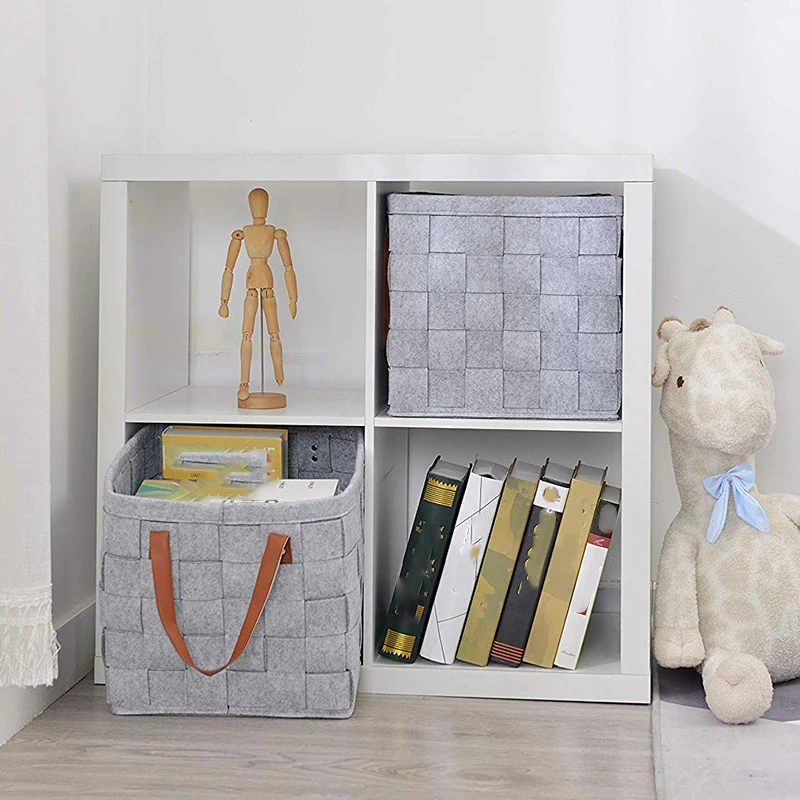 Felt Storage Baskets With Handles Soft Durable Toy Storage Nursery Bins Home Decorations (Grey)
