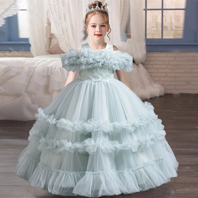 New lace Christmas party one shoulder evening dress for 3-12-year-old birthday party, mesh fluffy girl princess dress