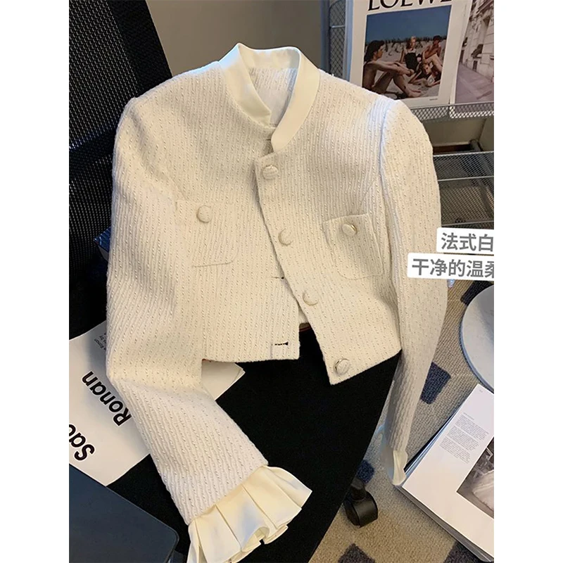 Elegant Tweed Jacket Women Cropped Ruffles Patchwork Quilted Coat Korean Fashion White Blazer Winter Ladies Thicken Outerwear