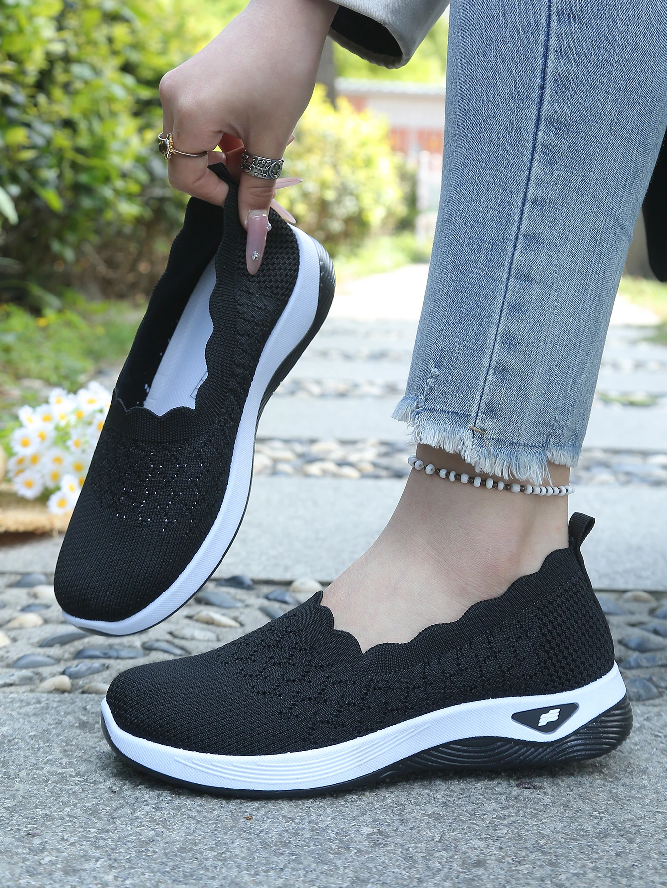 Damen-Slip-On-Freizeitsneaker aus Strick, atmungsaktive, leichte Komfort-Wanderschuhe mit Muschelbesatz, kostenloser Versand – Detail 11