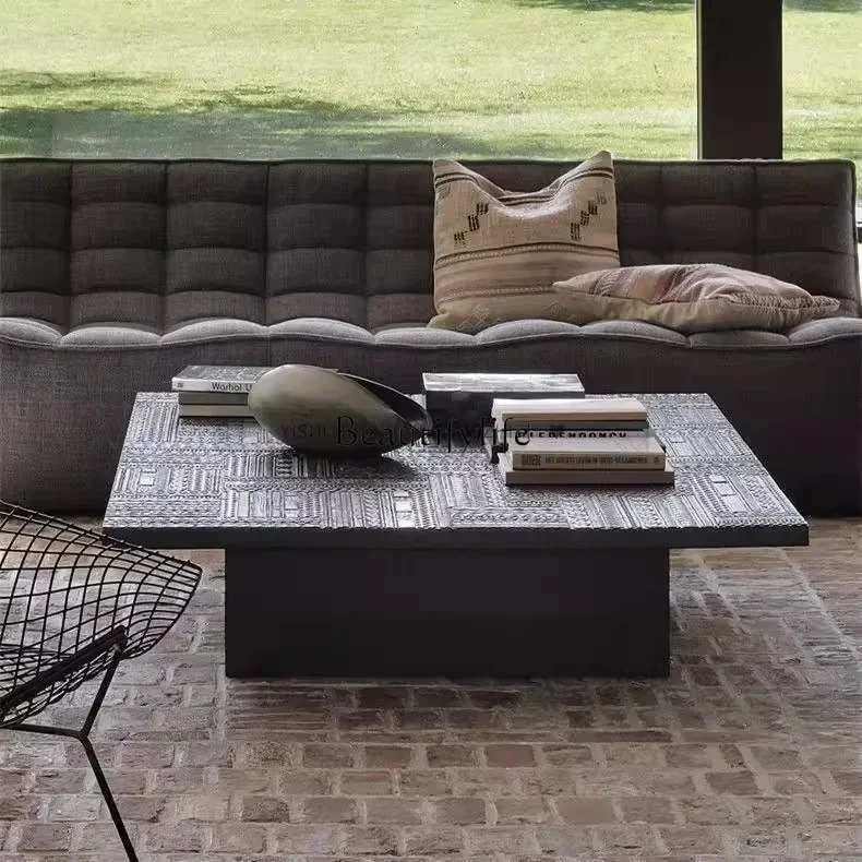 

yj7 Nordic retro high-end solid wood coffee table industrial style homestay villa large apartment hand-carved square