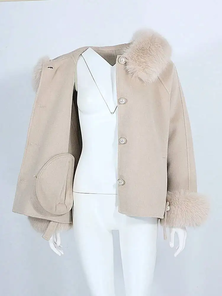 2026 الشتاء الخريف سترة المرأة ريال فوكس الفراء مقنعين الكفة ملابس خارجية غير رسمية معطف الصوف يمزج الصوف معطف جديد