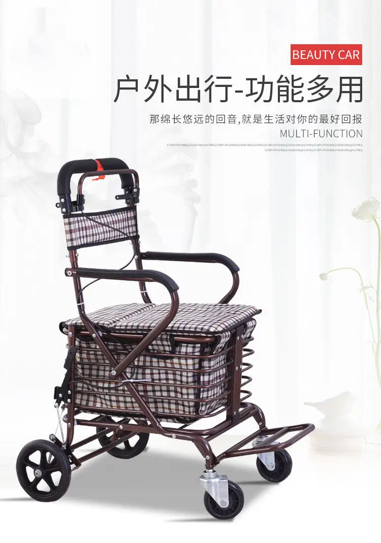 Foldable 4‑Wheel Shopping Trolley With Seat For Seniors Portable Push Pull Cart Grocery Storage Hand Trolley For Outdoor Use