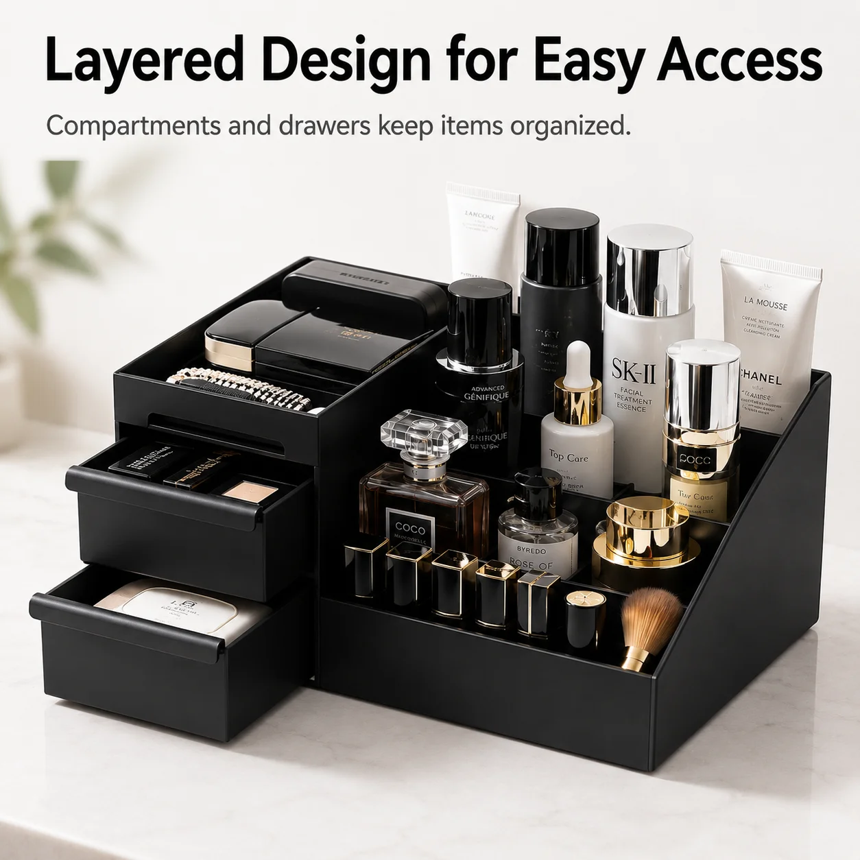 Desktop Makeup Organizer with Drawers Black PP Cosmetic Storage Box Lipstick Holder for Bathroom Vanity