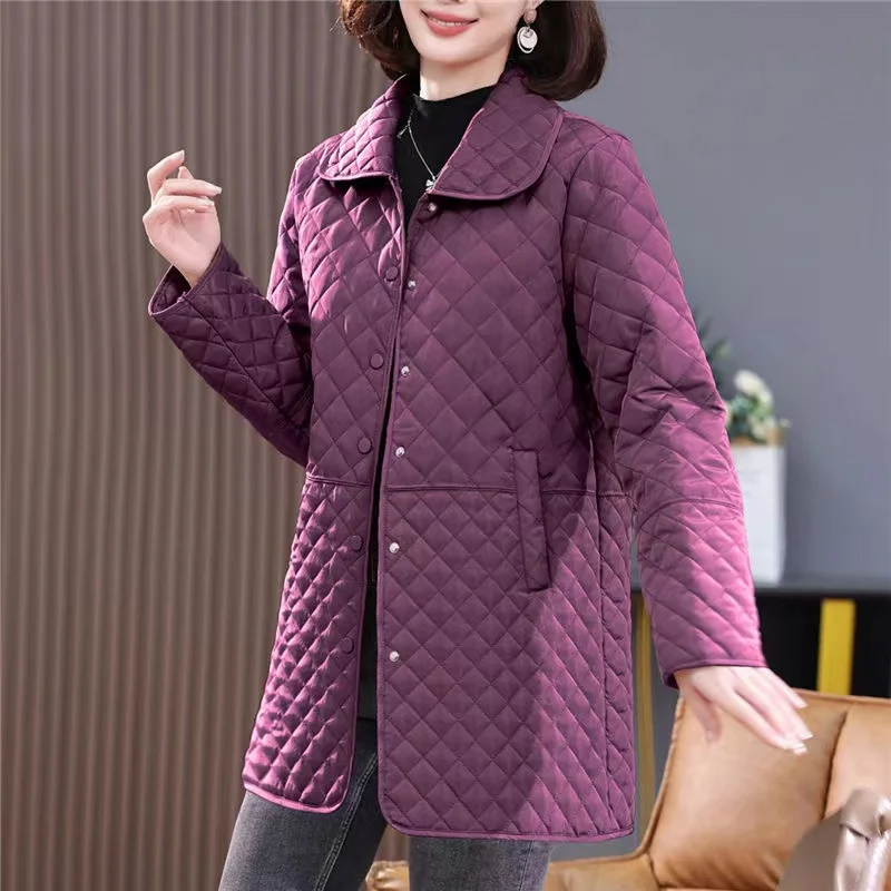 Women\'s Spring Autumn New Casual Light Thin Small Cotton Coat High End Diamond Plaid Cotton Jacket 6XL Female Leisure Outwear