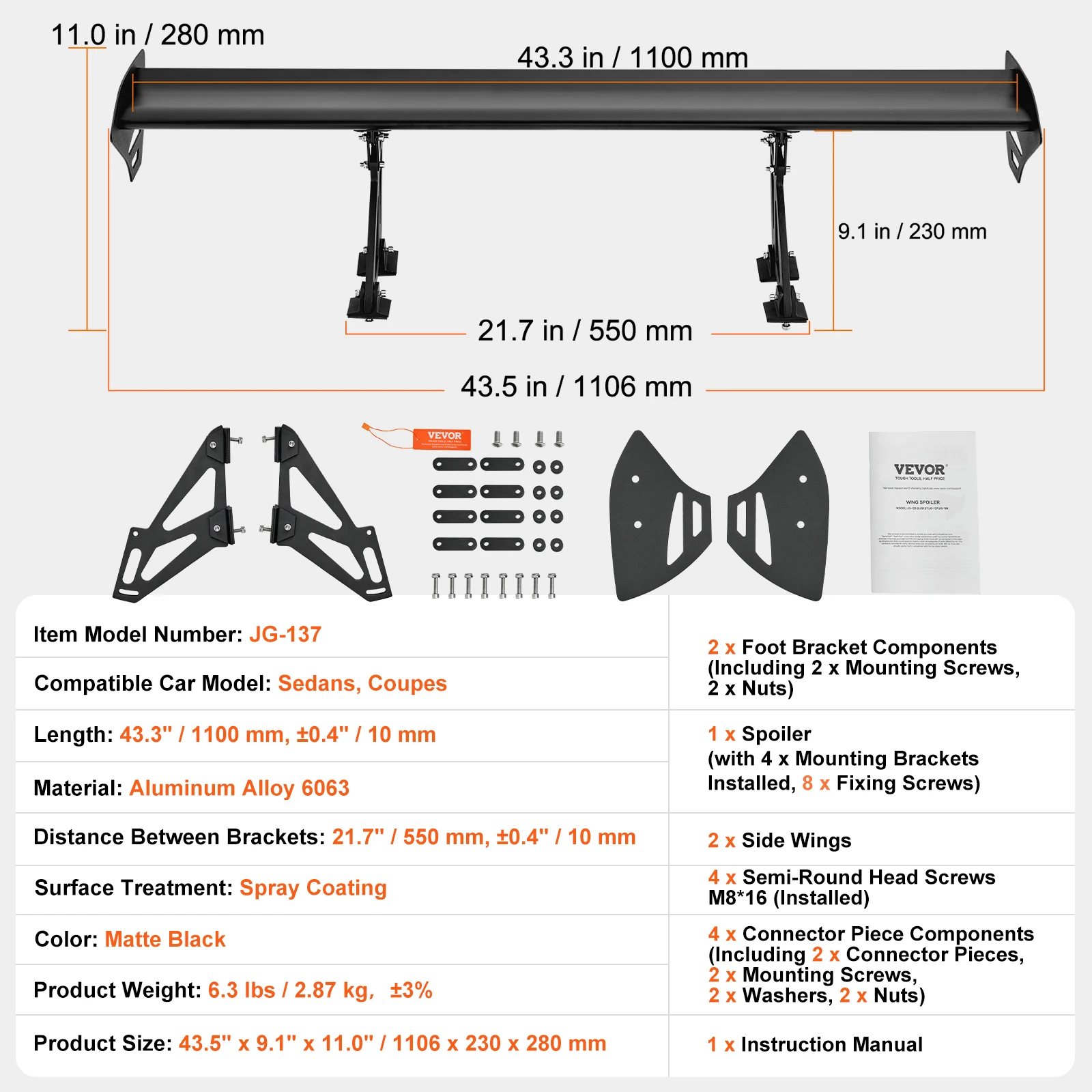 SucceBuy GT Wing Autospoiler 43,3 inch Universele spoiler met enkel dek Verstelbare lichtgewicht aluminium auto-achterspoilervleugel