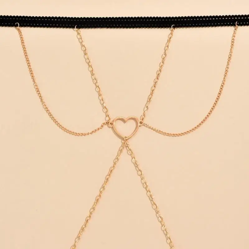 39BD Rock Leg Chain Garter Multi-layer Hollow Heart Thigh Chain Elastic Sexy Body Chain Jewelry Nightclub Party for Woman