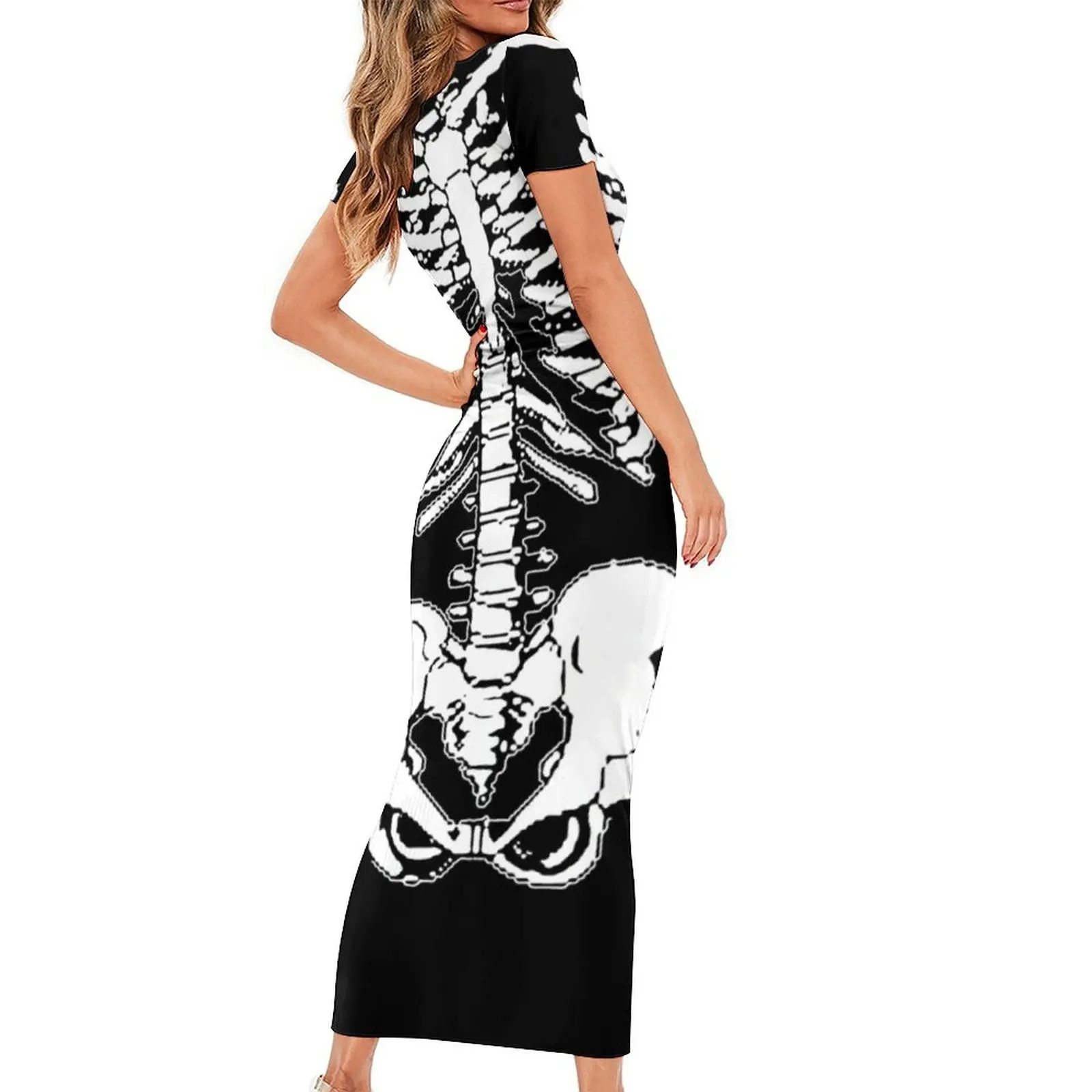 Halloween Skeleton Kleid Frauen Becken Drucken Ästhetischen Bodycon Kleid Sommer Kurzarm Kawaii Maxi Kleider Oversize Vestidos