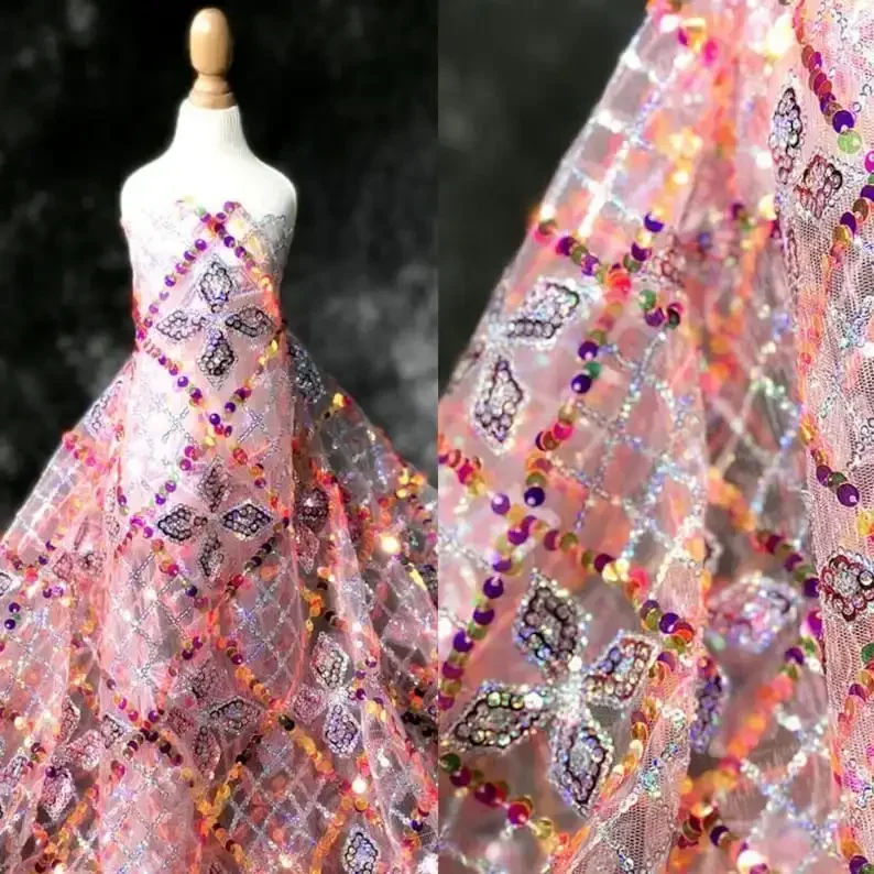 

Multicolored Crystal lattice Embroidery Lace Fabric Colorful sequin tulle fabric For Bridal Wedding dress Party Dress Costume