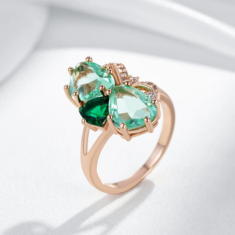 Kinel Unique Green Stone Big Ring for Women Fashion Rhombus Natural Zircon Accessories 585 Rose Gold Color Vintage Daily Jewelry
