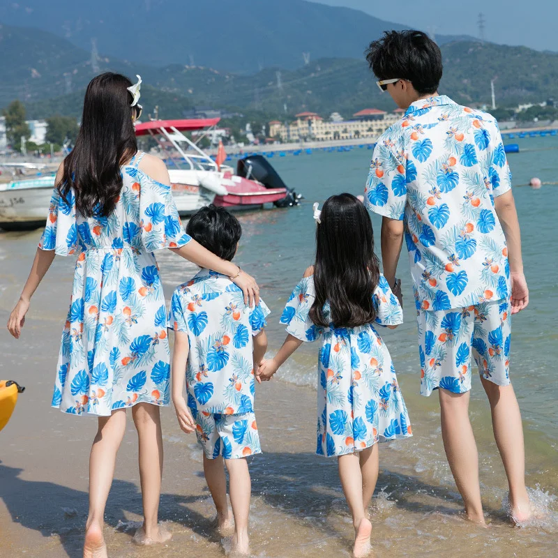 Family Of Four Suit Parent-child Beach Summer Clothing Suits Mother-daughter Vacation Dresses New Daddy Son Print Shirt Sets