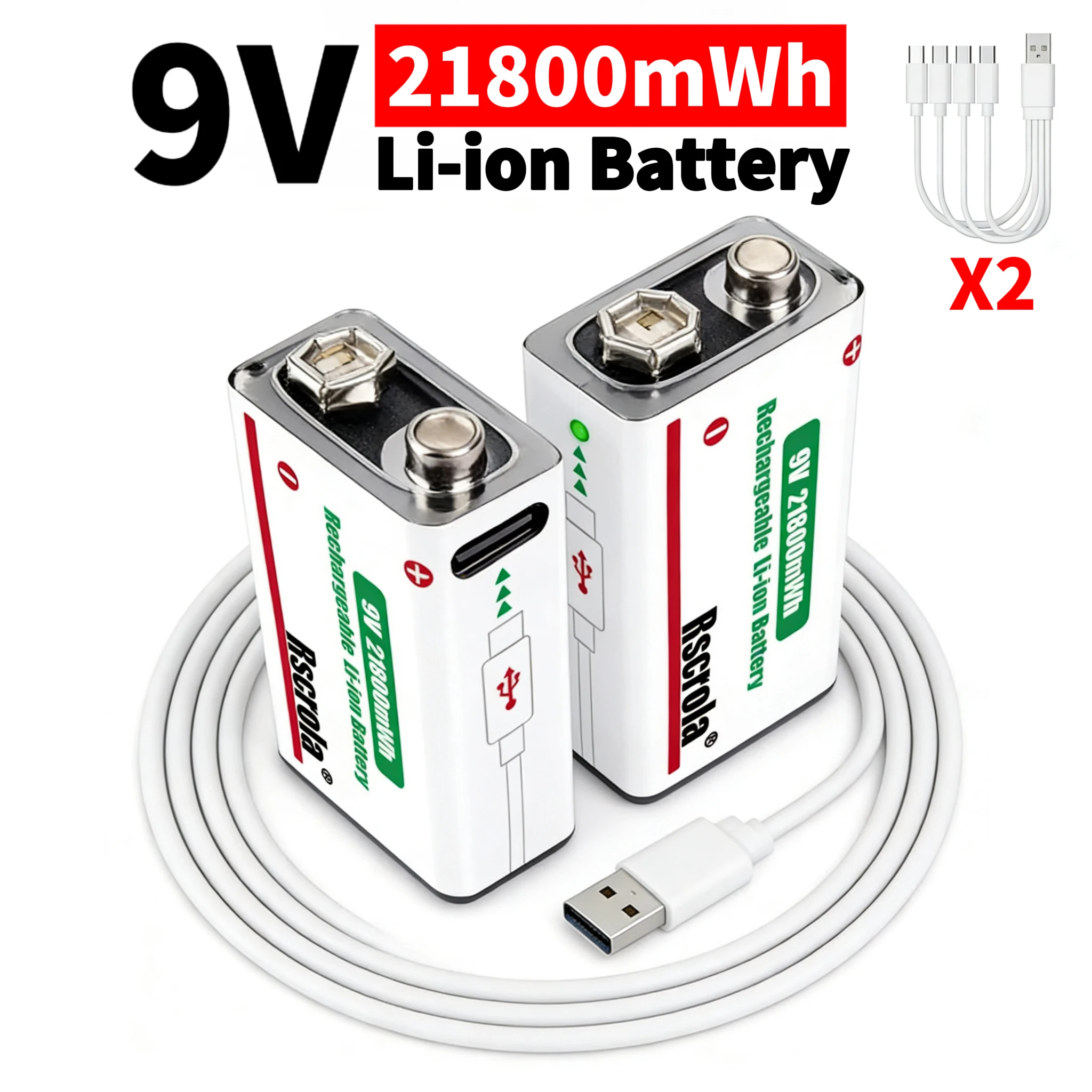 Long-Lasting 9V Rechargeable Lithium-Ion Battery 21800mWh High Capacity with Cable for Guitar Microphone Smoke Detector Pedal
