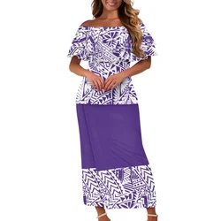 Summer Island Women Puletasi Samoa Dresses Lady Off shoulder Ruffle Style Two Piece Set Polynesian Tribal Clothing Purple Print