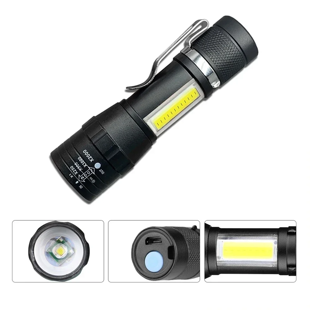 Mini LED Rechargeable Flashlight COB+XPE Zoomable Torch 3 Mode Built-in Battery Flashlight Outdoor Camping Emergency Lantern